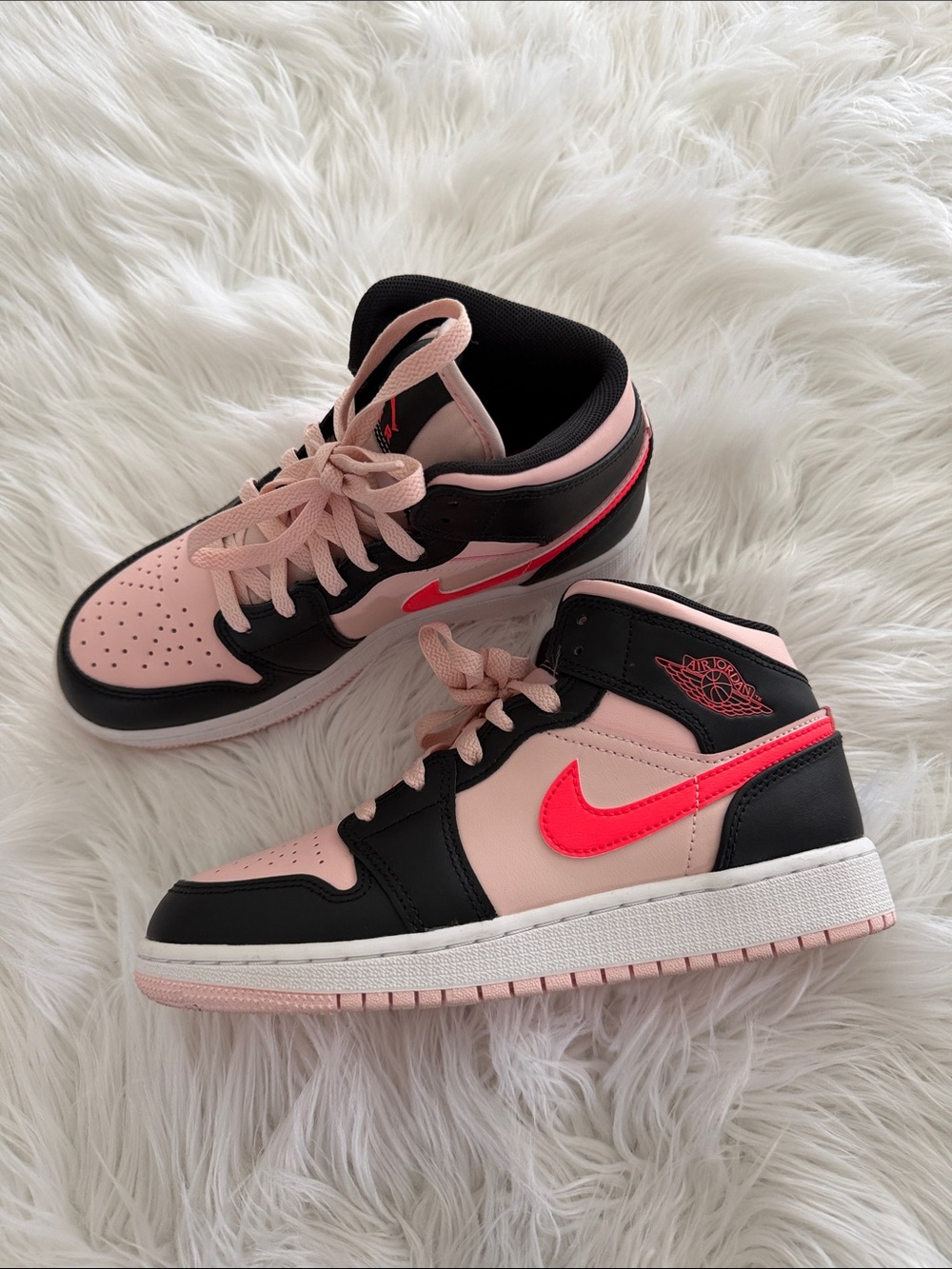 Nike Kids Pink and Black Mid-Top Sneakers with Bright Pink Swoosh